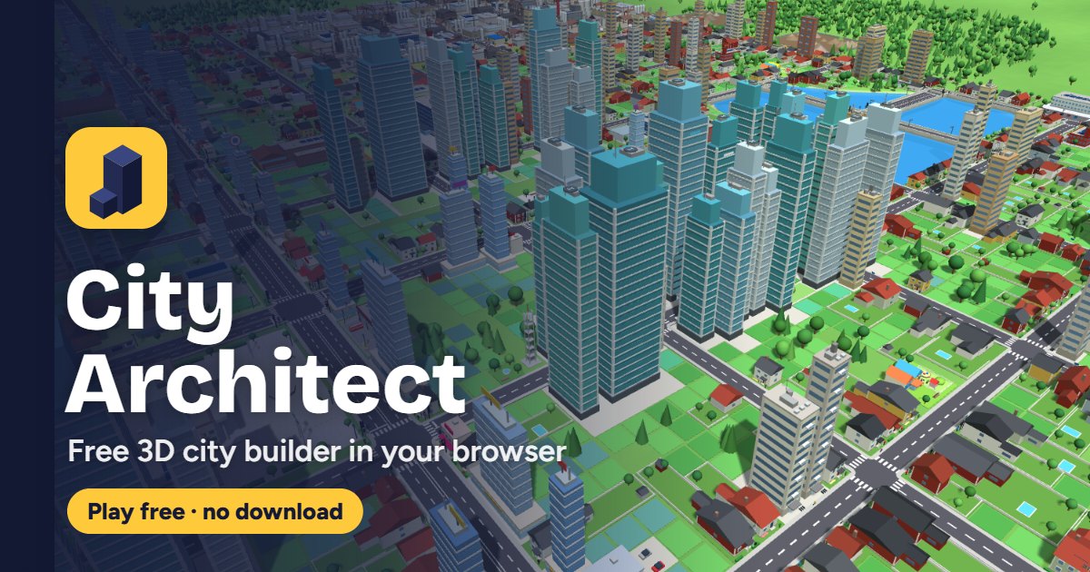 A busy 3D city in City Architect: tower blocks, houses, roads and a river